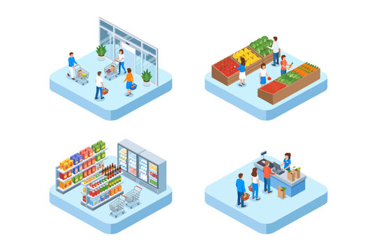 Seamless isometric depiction of a full grocery store experience, from customer entry to product selection and final checkout