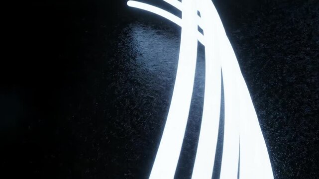 Glowing white curved parallel lines forming a partial arc over a dark textured wet surface with subtle blue light reflections and lens flares in a black void background.