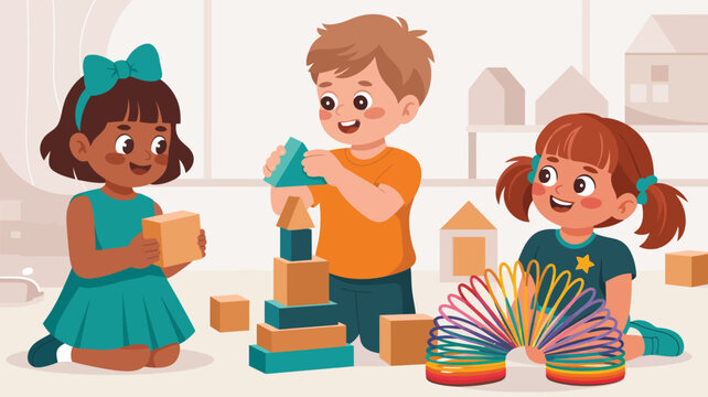 Happy diverse children playing with colorful building blocks and a rainbow slinky toy in a bright playroom
