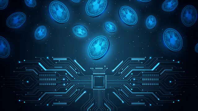 Digital cryptocurrency concept with circuit board pattern and glowing tokens