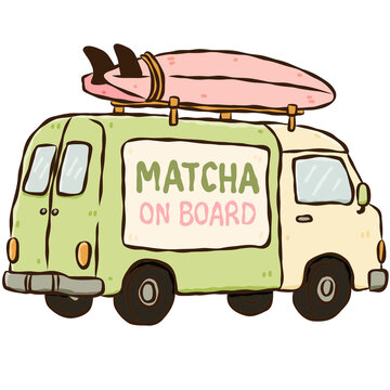 Matcha on Board Surf Van with Longboard Hand Drawn Coastal Doodle Illustration