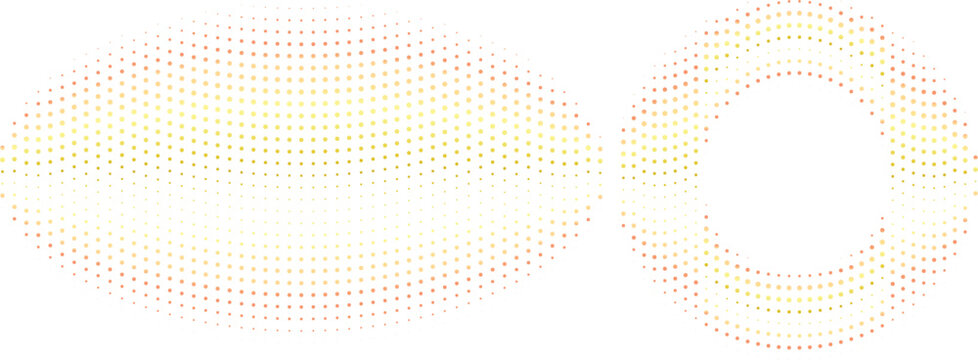 Abstract halftone dot patterns in orange and yellow, circular and oval stipple gradient shapes, minimalist geometric vector elements for modern graphic design and branding