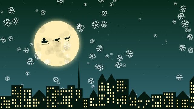 Santa claus flying in sleigh over city skyline with full moon and falling snow