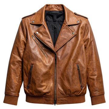 Brown leather bomber jacket with zipper and pockets isolated on transparent background