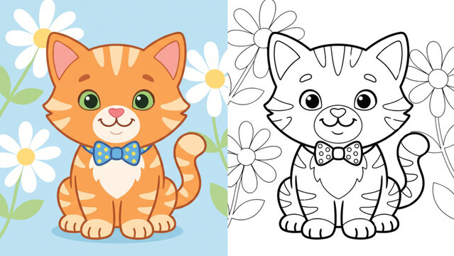 Cute cat coloring page, color reference and line art, kids activity, and vector illustration.