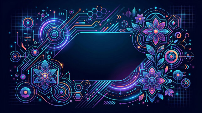 Vibrant futuristic geometric abstract composition with glowing neon floral elements and digital patterns
