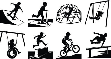 Obraz premium Kids Playground Activities Silhouette Set with Skateboarding Scooter Cycling and Outdoor Play