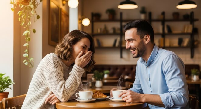 Happy couple enjoying a coffee date and laughing together in a cozy cafe.