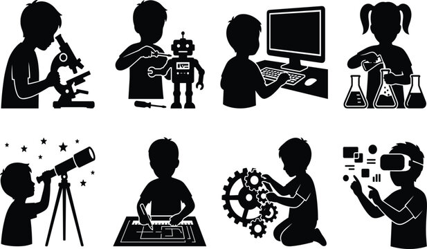 STEM Education Children Silhouette Set with Science Robotics Coding Engineering and Technology Activities