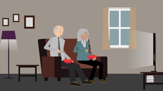 Animated Elderly Couple Experiencing Choking While Eating at Home &ndash; Senior First Aid Emergency Concept