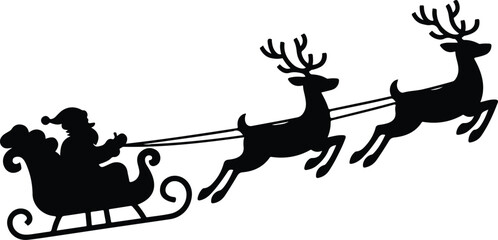 Silhouette of Santa Claus riding sleigh pulled by two reindeer symbolizing Christmas, winter holiday, and festive celebration concept © israena