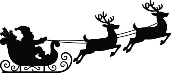 Silhouette of Santa Claus riding sleigh pulled by two reindeer symbolizing Christmas, winter holiday, and festive celebration concept © israena