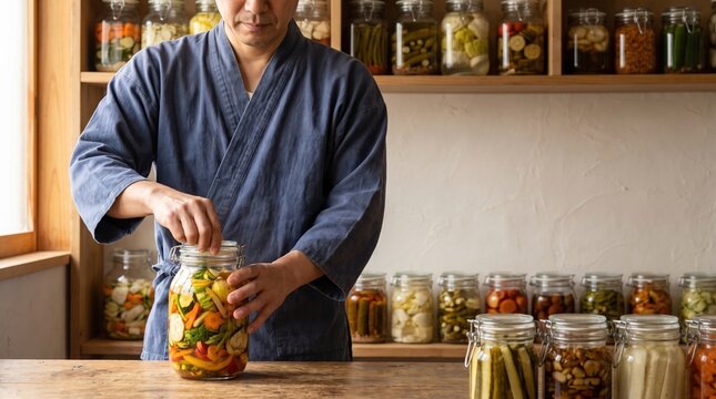 Artisan sealing a jar of colorful fermented vegetables