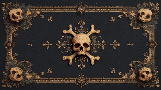 TCG template with pirate theme decorative frame on black background. Dark fantasy card design featuring dramatic border, adventure style, mystery mood and collectible game layout concept
