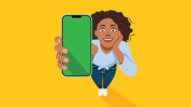 Happy woman holding a modern smartphone with a blank green screen for your content