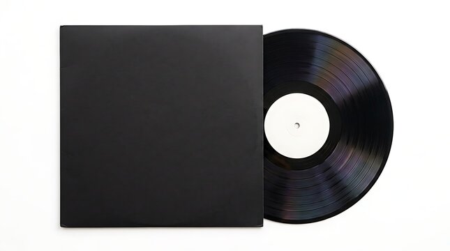 Black vinyl record with blank sleeve. Mockup of a classic music album cover on white background.