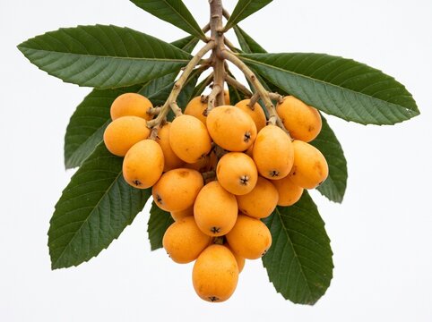 A large bunch of ripe yellow loquat fruits hanging from a tree branch with green serrated leaves
