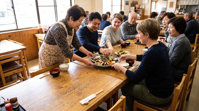 Local residents receiving a shared meal at rural Japanese restaurant