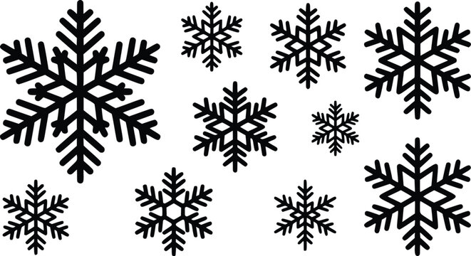 Minimalist black snowflake icons set, winter crystal vector silhouettes, 10 decorative snow flake elements for holiday design