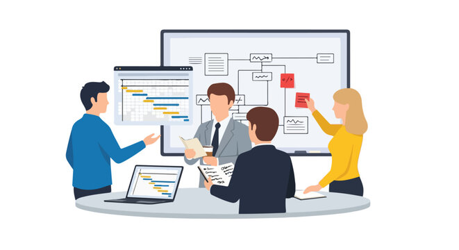 A group of four professionals collaborates on a project using digital tools, a laptop, and a whiteboard with complex flowcharts.