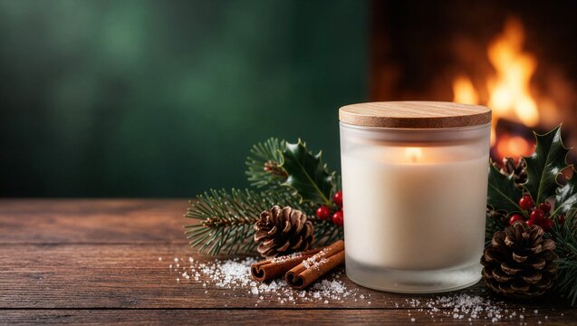 Scented wax candle in glass jar with wooden lid on table ideal for cozy winter fireplace home spa branding template