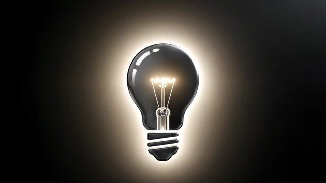3D render of a realistic incandescent light bulb glowing with bright white light against a solid black background, featuring a detailed filament and metal screw base in the center.