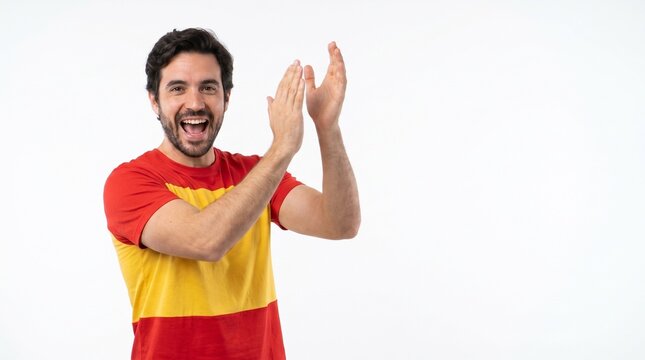 Excited man in Spanish flag colors t-shirt clapping hands, isolated on a white background. Perfect for fan celebrations.