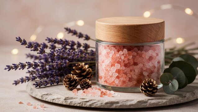 Pink Himalayan bath salt in glass jar with wooden lid ideal for winter spa wellness body care product branding