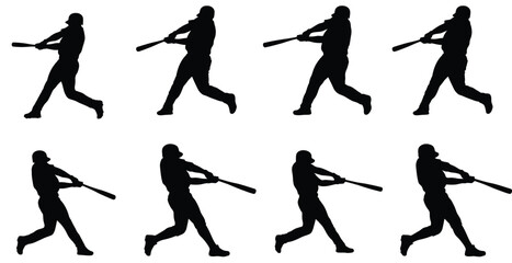 Naklejka premium Set of baseball player silhouettes in various swinging positions for sports graphic design.