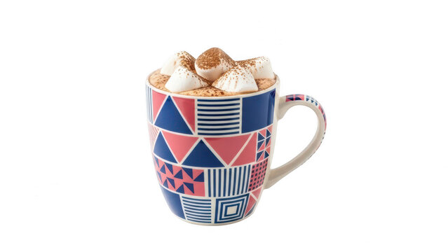 Ceramic mug with geometric pattern filled with hot cocoa and, beverage