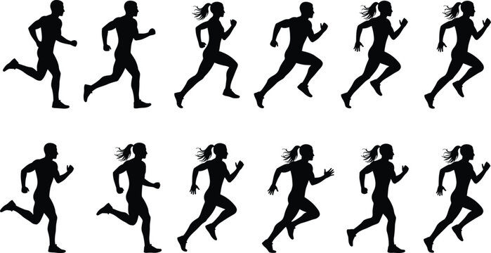 Running silhouette sequence, male female figures, stride cycle, black runners, motion pose, athletic form, white background, fitness, sport, training
