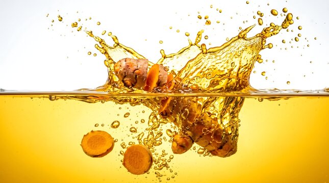 Fresh turmeric root slice falling into water with dynamic splash and air bubbles for healthy juice and organic lifestyle marketing campaigns with professional studio lighting