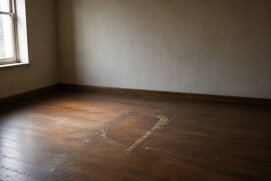 Empty dusty room with a single scuff mark on wooden floor, soft window light.