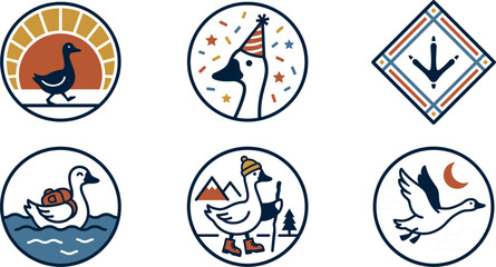 Vector retro goose adventure emblem and badge sticker set featuring hiking camping sunset party flying and footprint linear design elements © Khairul