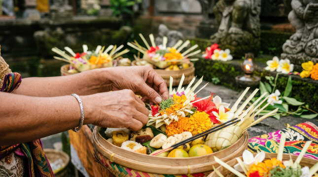Hands arranging a Balinese offering basket with flowers and fruit.