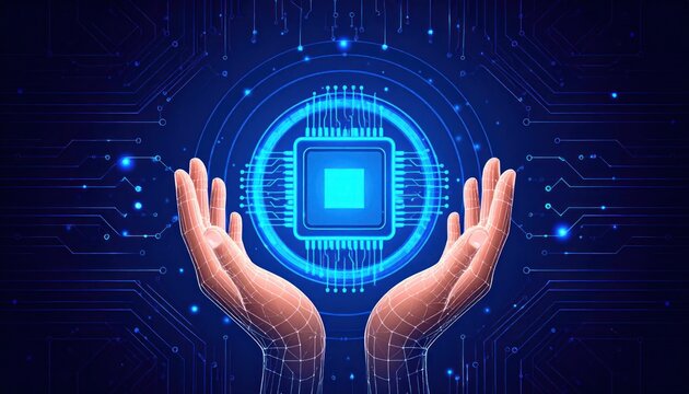 Glowing blue microchip protected by wireframe hands in a digital illustration set against a dark futuristic circuit board background symbolizing technology and AI.