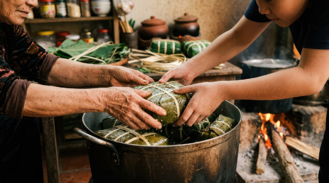 Hands preparing traditional food wrapped in leaves for cooking.