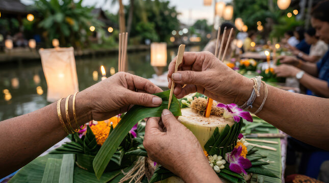 Hands preparing traditional krathong for Loy Krathong festival celebration.