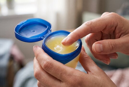 Closeup of a person applying petroleum jelly from a small blue container onto their finger