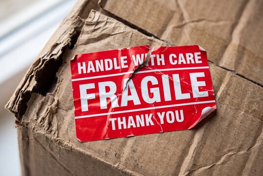 Closeup of a damaged cardboard shipping box with a torn red fragile sticker
