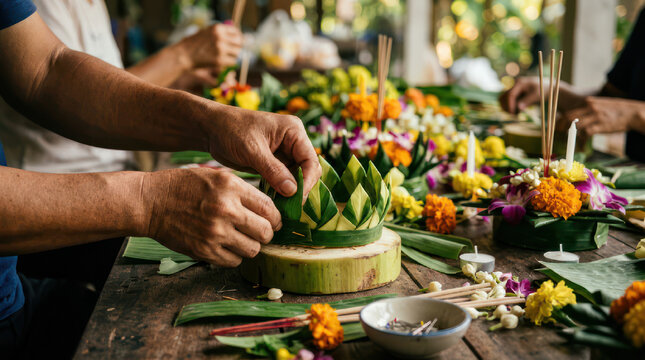 People making traditional Thai krathong for Loy Krathong festival celebration.