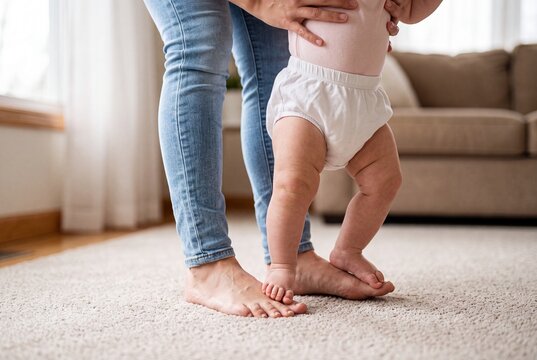 Mother holding her babys hands while the infant takes their first steps on a carpeted floor