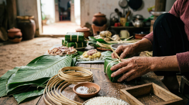 Person making traditional Vietnamese food wrapped in banana leaves.