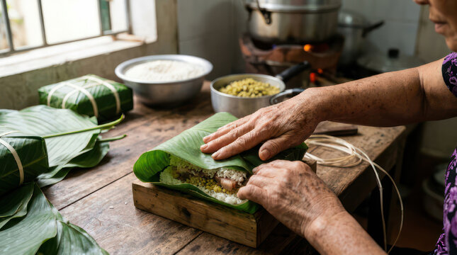 Person preparing food wrapped in banana leaves for cooking.