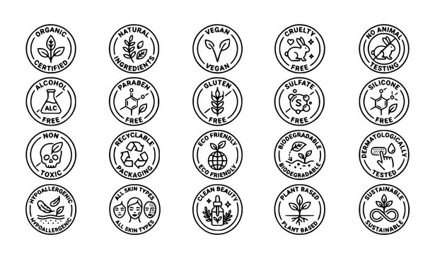 Eco cosmetics certification icon set with organic natural cruelty free paraben free and sustainable packaging badges