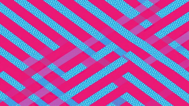 Flat two-dimensional seamless repeating geometric graphic pattern on solid vivid pink base, evenly spaced alternating diagonal light blue parallelograms filled with tiny blue dot texture, continuous f