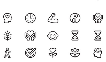 Fototapeta premium Icons for well-being, health, and positive emotions like happiness, love, strength, time, and growth, vector graphics.