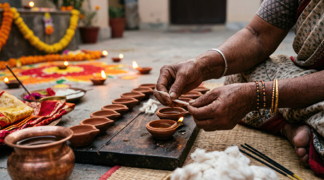 Woman preparing oil lamps for Diwali festival celebration.