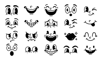Retro cartoon mascot face elements with vintage animation eyes smiling mouths and cheerful comic expressions vector set