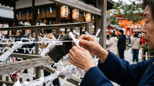 Woman tying a wish paper at a Japanese shrine.